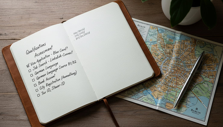 Overhead view of a notebook with a handwritten pathway checklist and a German city map.