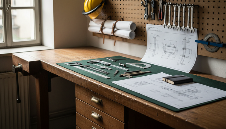 Eye-level view of a workshop bench with measuring tools and a safety helmet.