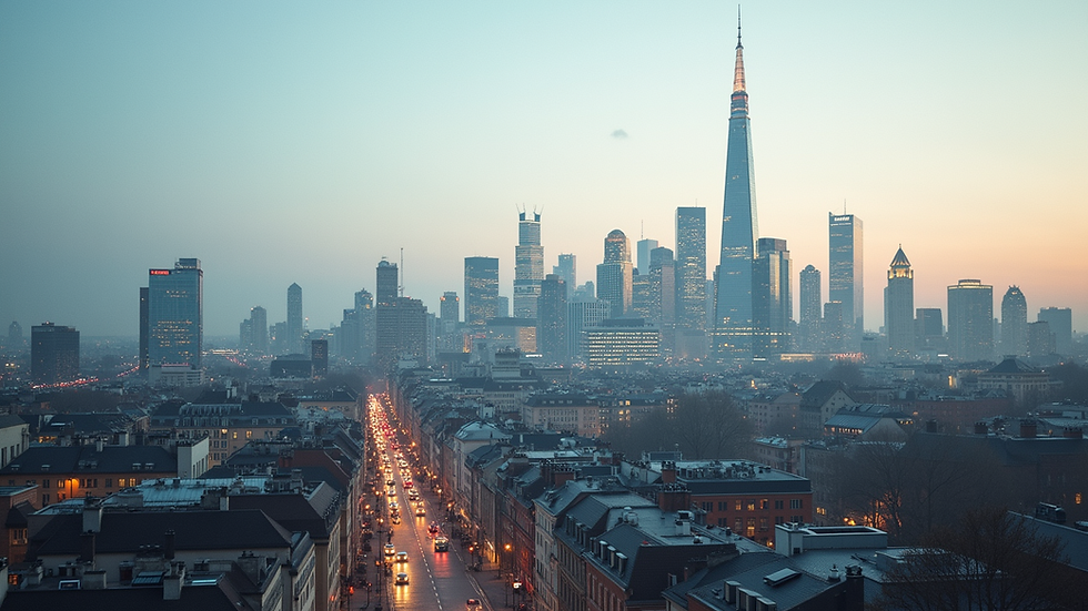 Eye-level view of a modern German city skyline with historic architecture