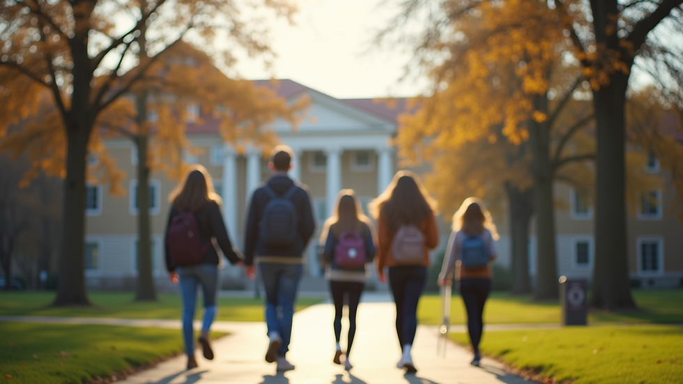 Eye-level view of a university campus with students walking
