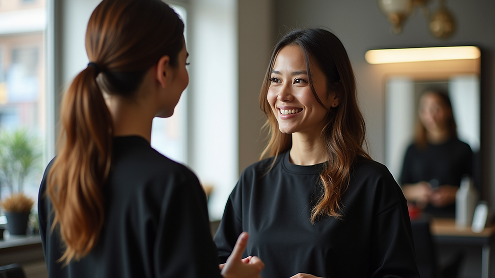 Eye-level view of a stylist consulting with a client in a modern salon