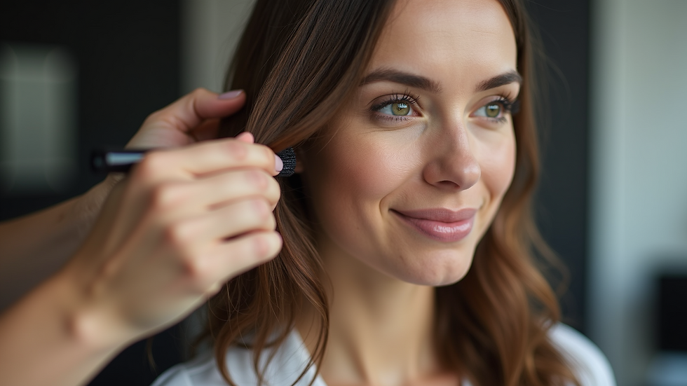 Close-up view of hair stylist applying smoothing treatment to hair