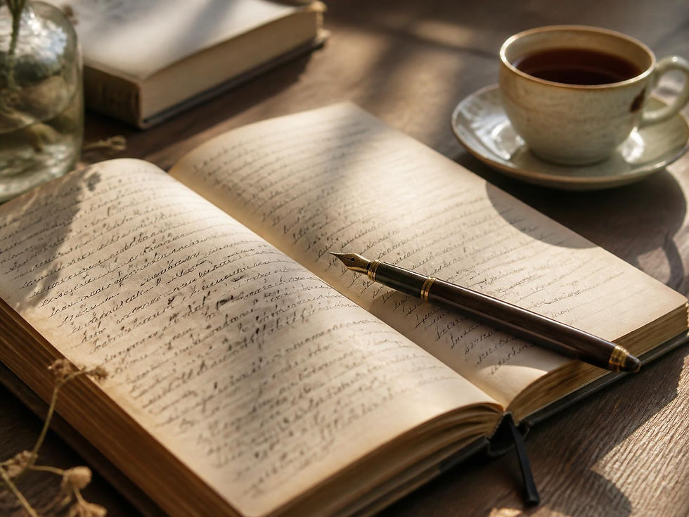 un journal manuscrit et une tasse de thé (comprendre vs intégrer)