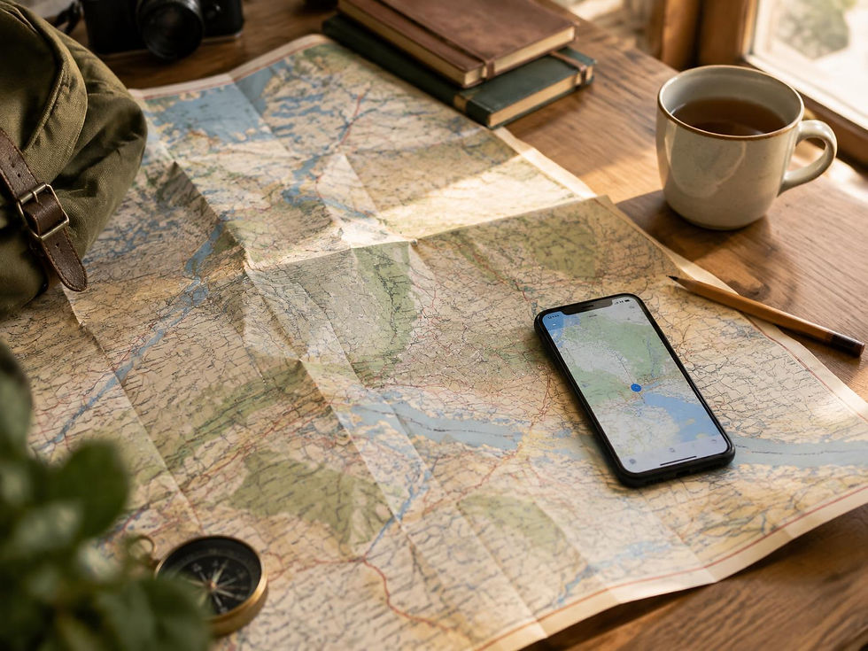 Carte étalée sur une table, smartphone avec GPS, boussole, carnet et tasse de thé près d’un sac de randonnée.