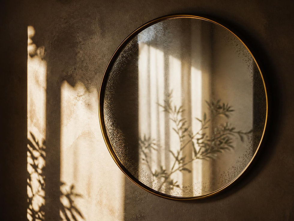 le reflet d'une plante dans un miroir dans une pièce sombre