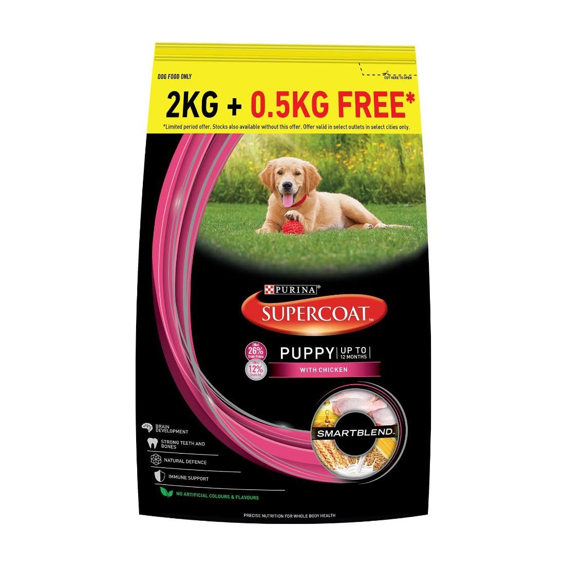 PURINA SUPERCOAT Puppy Dry Dog Food, Up to 12 Months, 2Kg + 0.5Kg