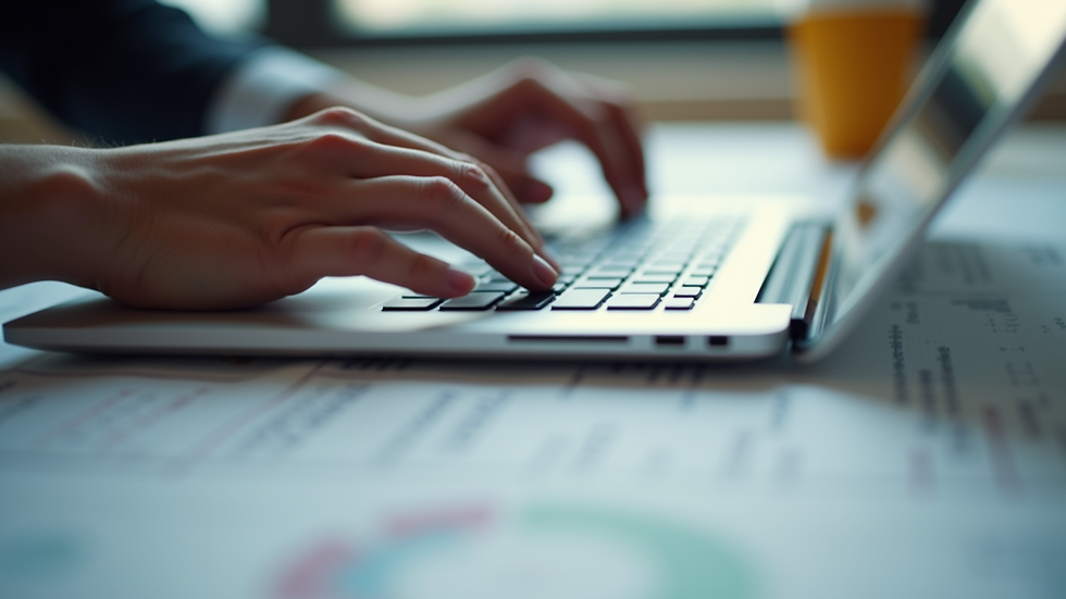 Close-up view of a virtual assistant working on a laptop with construction plans nearby