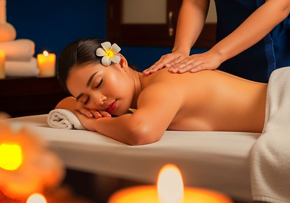 Woman receiving back massage at spa with candles and natural lighting.