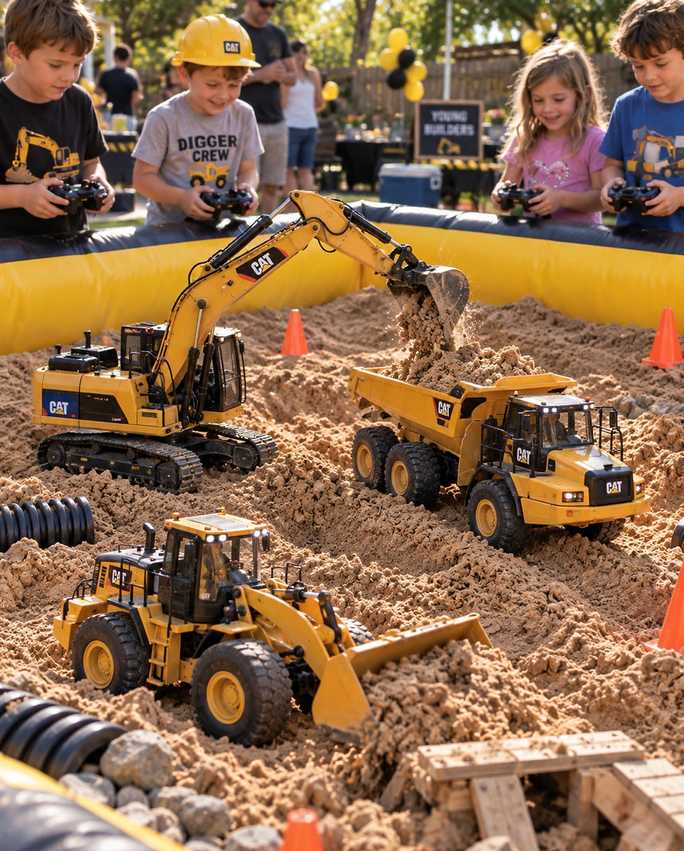 RC construction sand party in Fort Lauderdale with remote-control excavators and dump trucks working in clean play sand.
