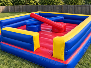 AI-generated close-up illustration of the Gladiator Joust inflatable pedestals, with red and blue padded jousting poles resting inside the blue, yellow and red arena.