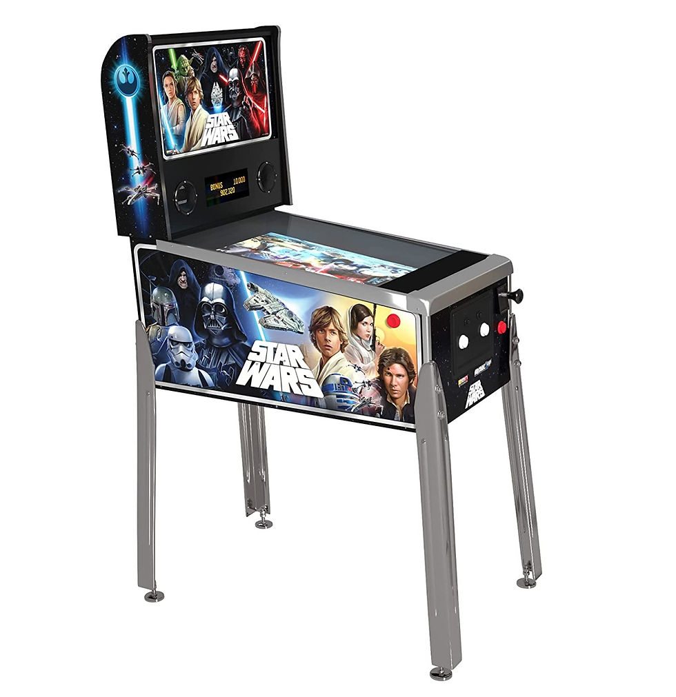 Pinball rental machine showing the sloped playfield and upright display for an interactive arcade event station.