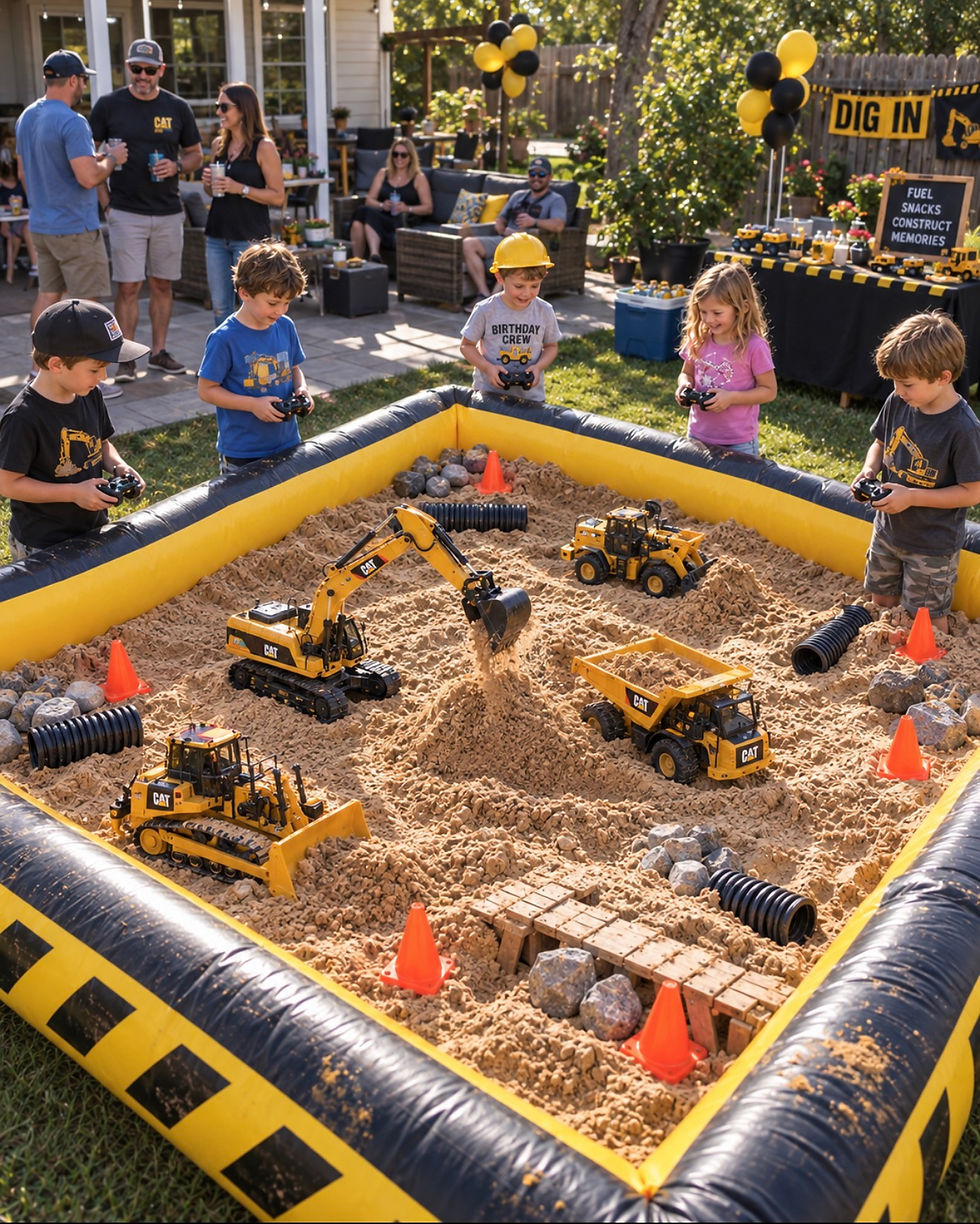 RC construction sand play area with miniature excavators and construction trucks arranged for hands-on digging and hauling activities.