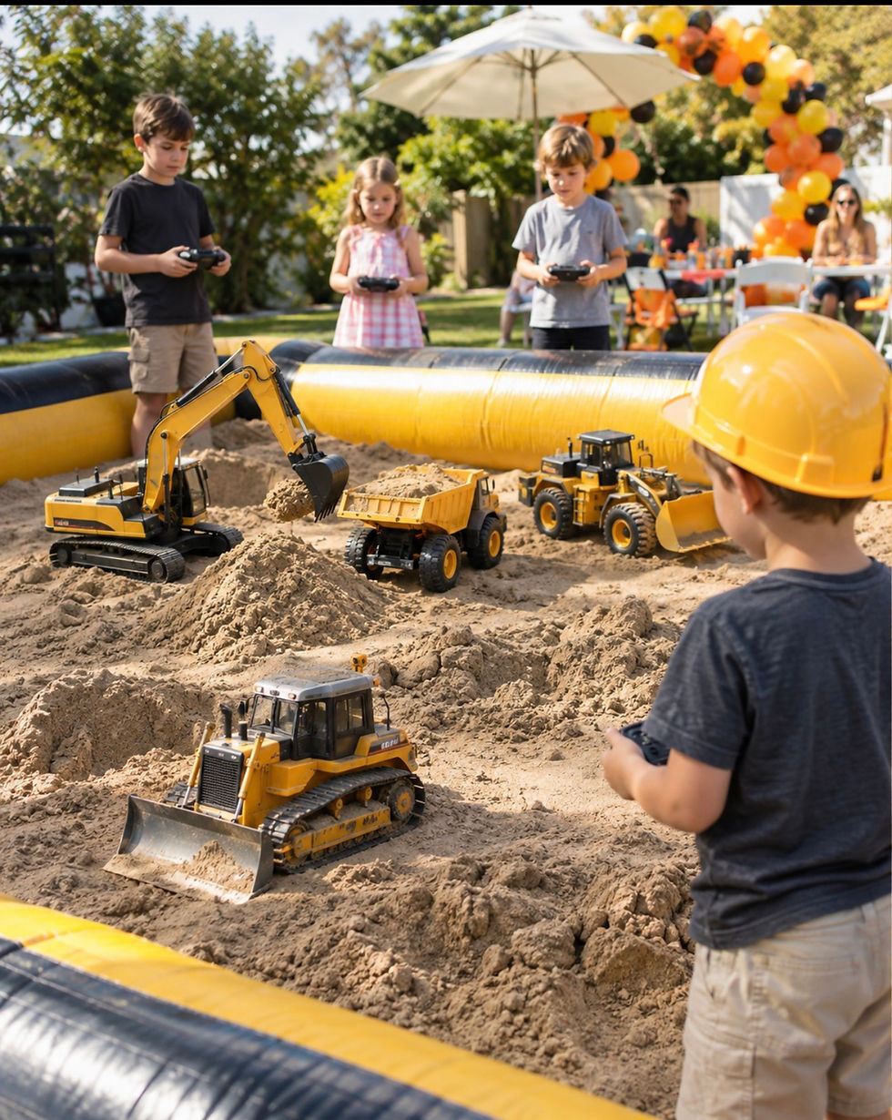 RC construction sand party in Miami with remote-control excavators and dump trucks working in clean play sand.