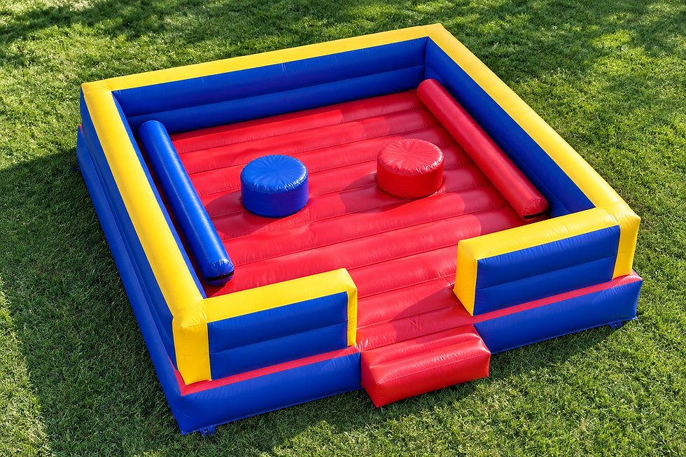 AI-generated overhead illustration of a blue, yellow and red Gladiator Joust inflatable arena with two padded pedestals on a lawn.