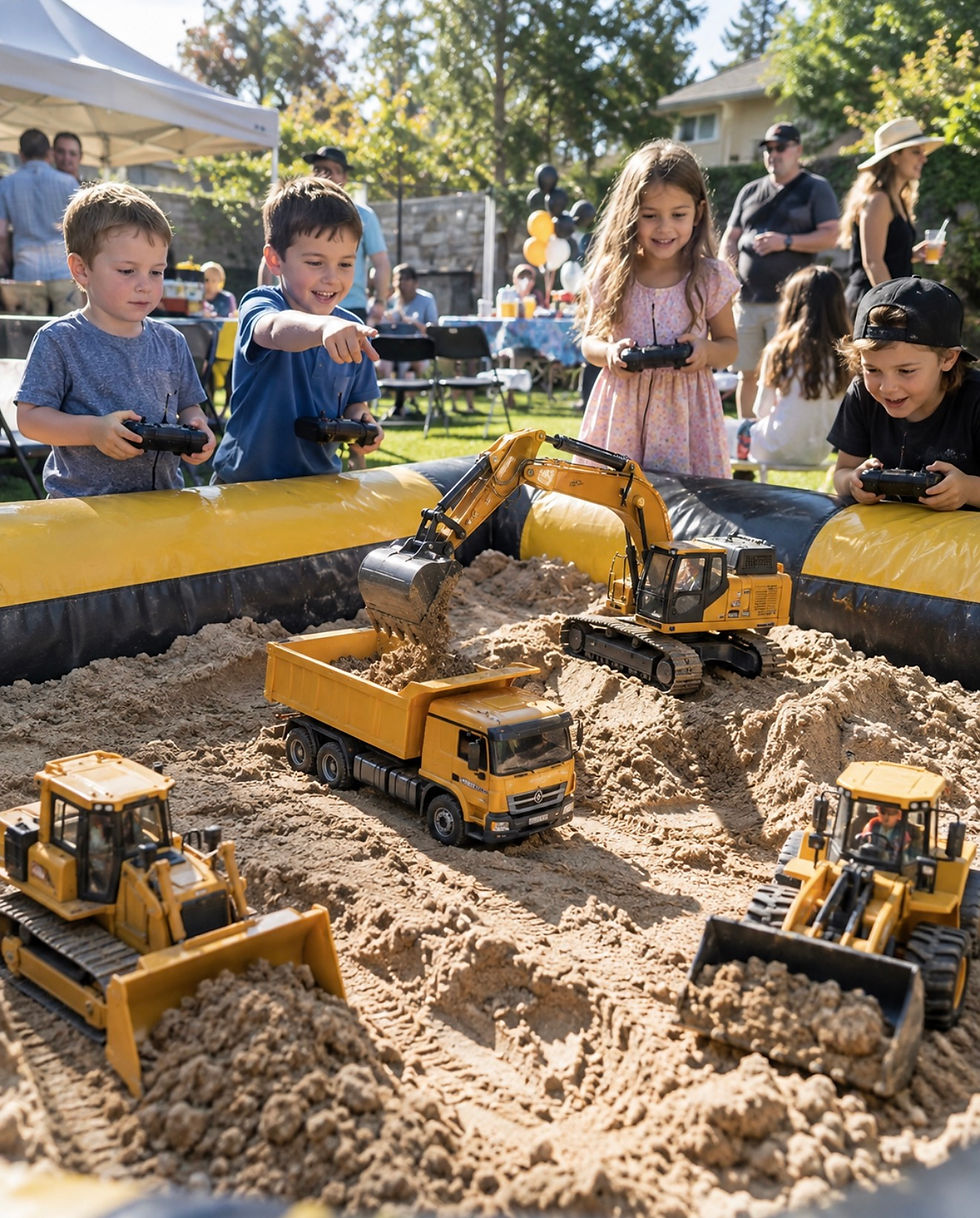 RC construction sand party in Weston with remote-control excavators and dump trucks working in clean play sand.