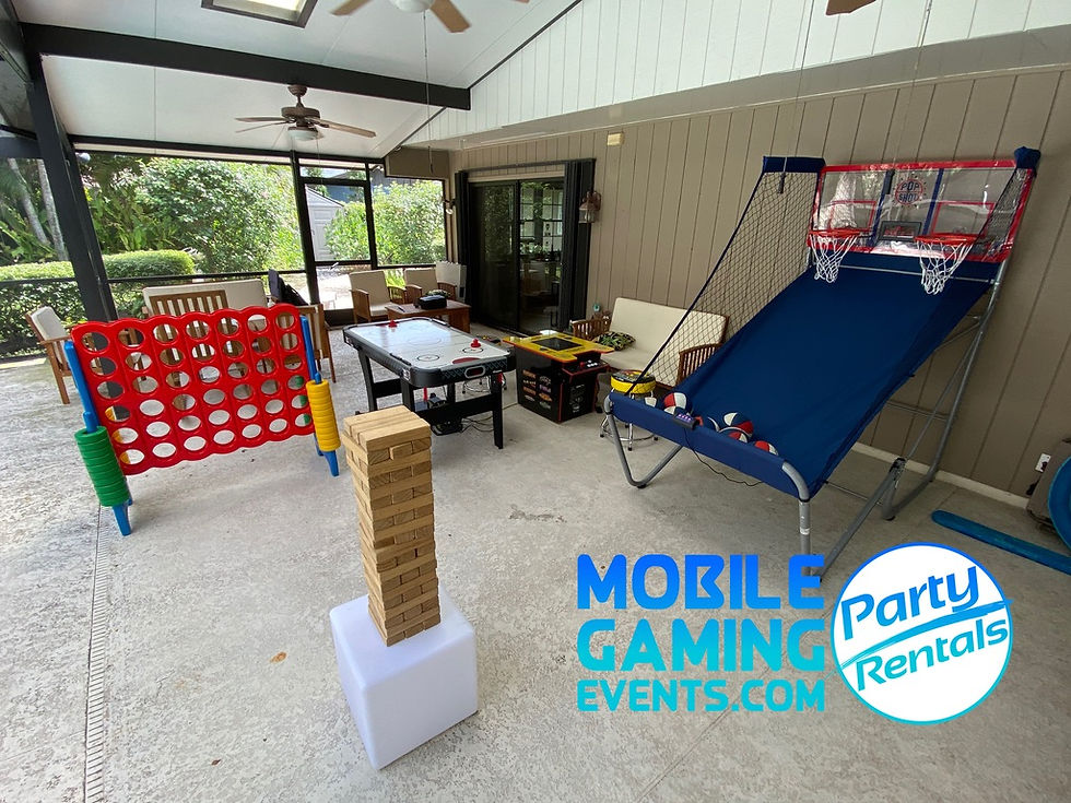 Giant Jenga party game with a tall stack of blocks that guests can remove and balance during event play.