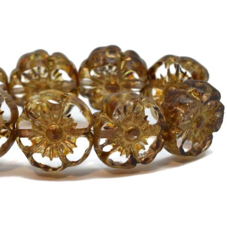 9 MM Transparent Hibiscus Flower Bead With Picasso Finish, Gold Wash 1632/FLH