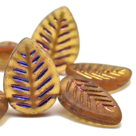 12x16 MM Amber Dogwood Leaves Bead, Metallic Purple, Volcano Washes 0994/LEA