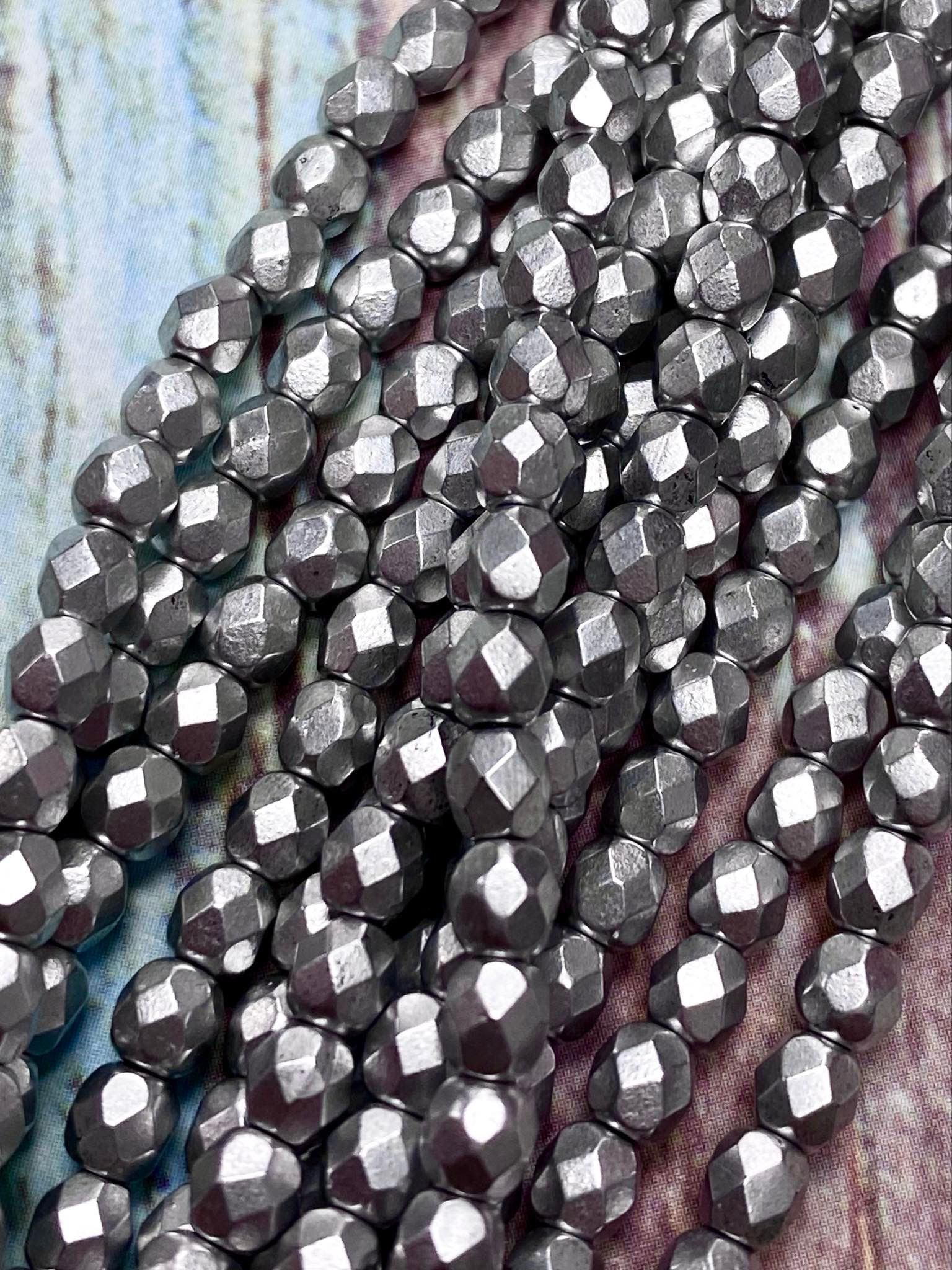 4mm Matte Metallic Silver Fire Polish Beads
