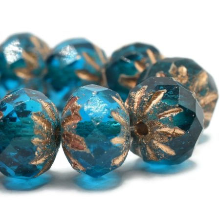 7x10 MM Pacific Blue Cruller Bead With Etched, Picasso, And Gold Wash 0616/CRU