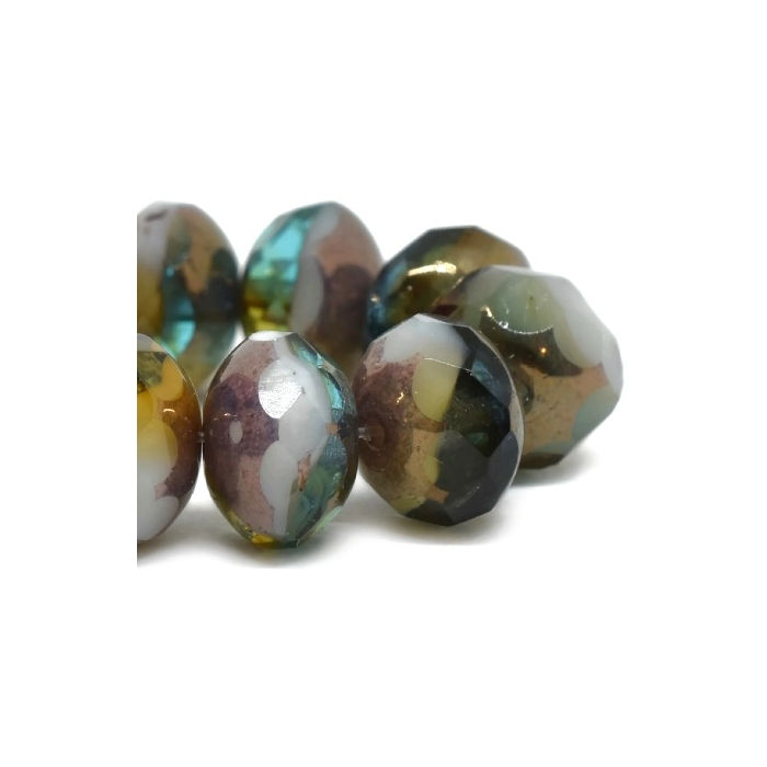 Thumbnail: 8x6mm Teal Yellow And White Rondelle Bead With Bronze Finish 1175/RON8