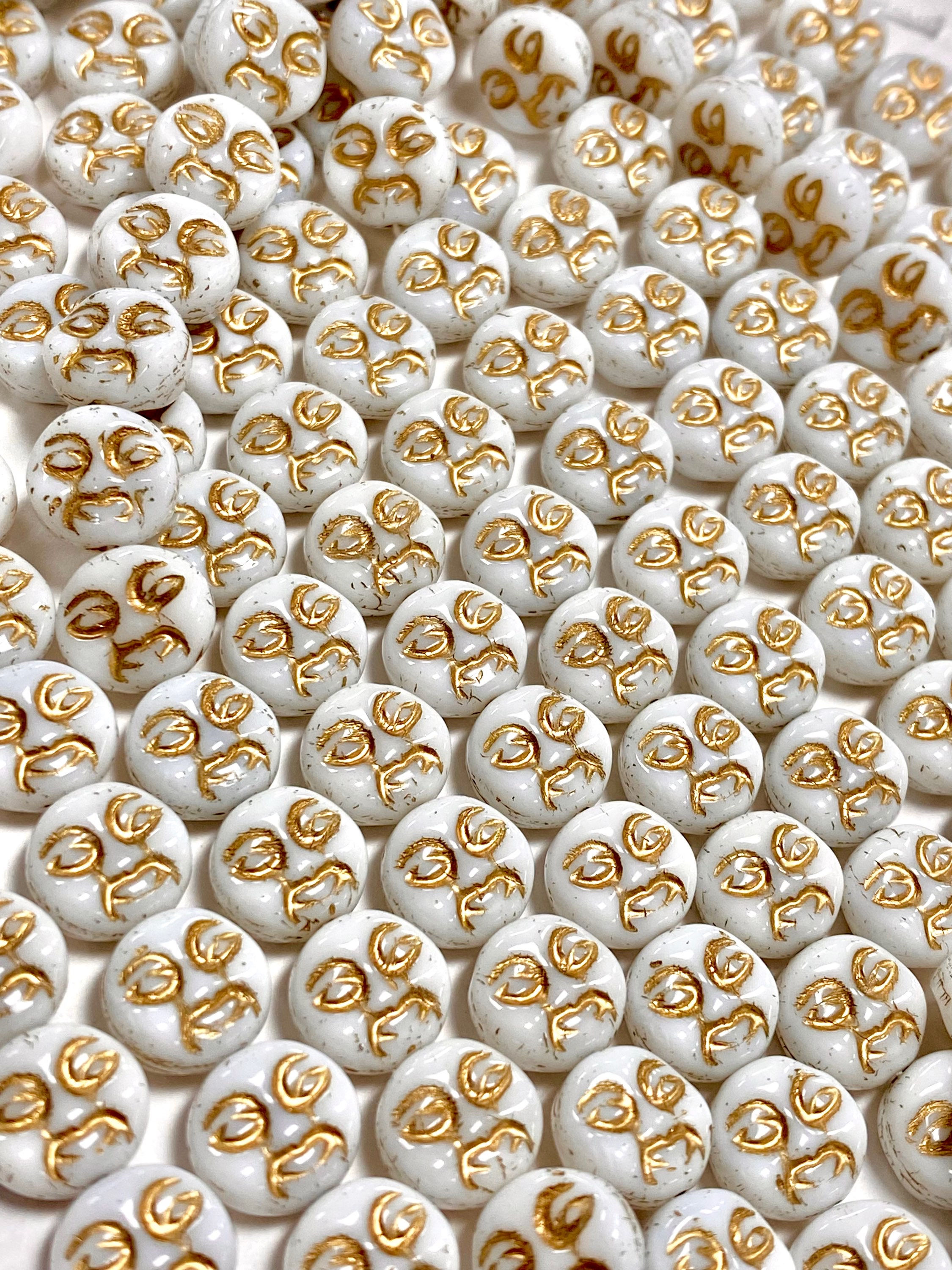 White Pressed Glass Moon with Face Bead Strand 9mm