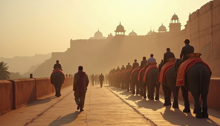 Wide angle view of Amber Fort with elephant rides in foreground
