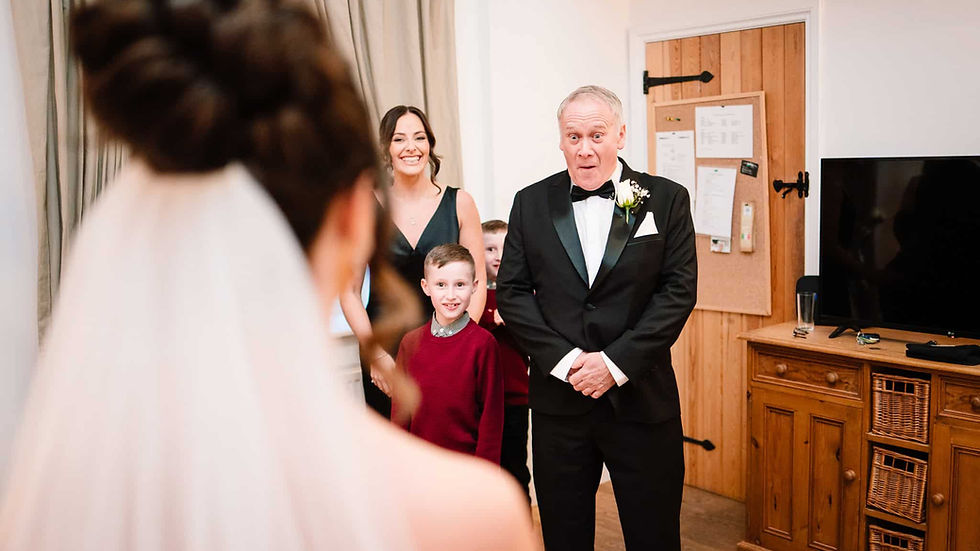 Bride and dad first look Candid wedding photography at Howard Court Great Ayton