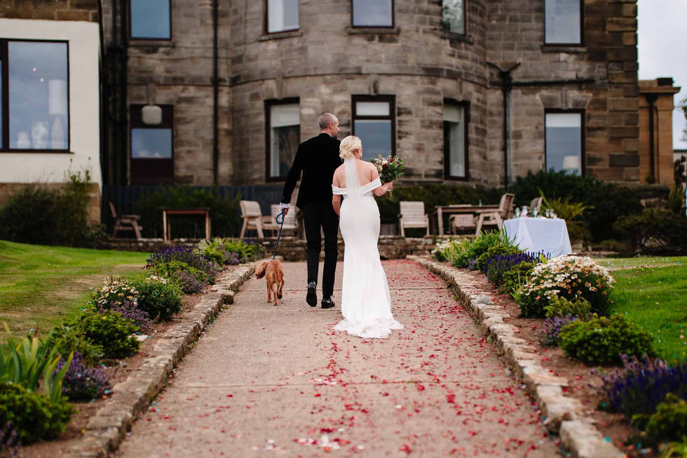 bride and groom walking with dog portrait