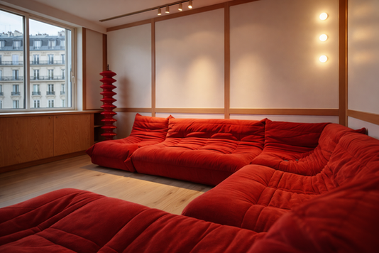 Canapé sur mesure en tissu velour tangerine réalisé par TUKASSA pour un projet résidentiel