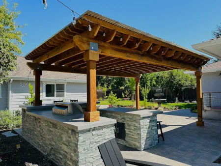 Patio cover and pergola projects built with natural wood materials.
