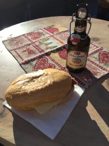 Sandwich and beer at the Christmas Market in Vipiteno, North Italy