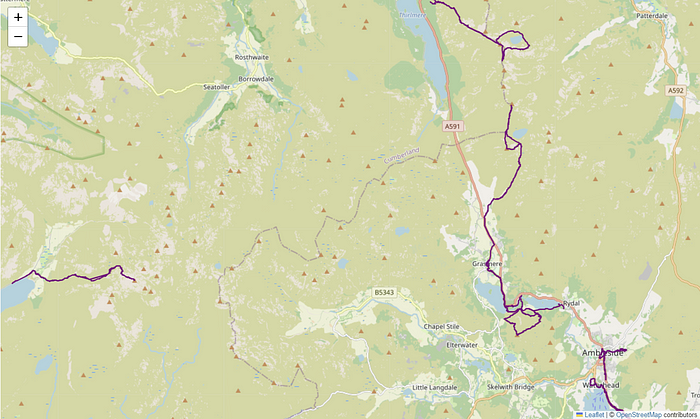 Example heatmap showing some runs and hikes in the Lake District (UK)
