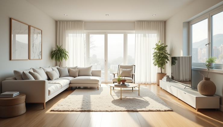 Eye-level view of a bright living room with freshly cleaned surfaces and natural light