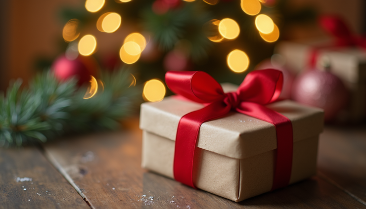 Eye-level view of a cozy holiday gift box wrapped with a red ribbon on a wooden table