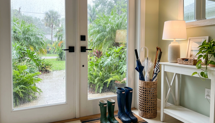 Wide-angle view of a clean Florida entryway with rain boots and a dry mat near the door.