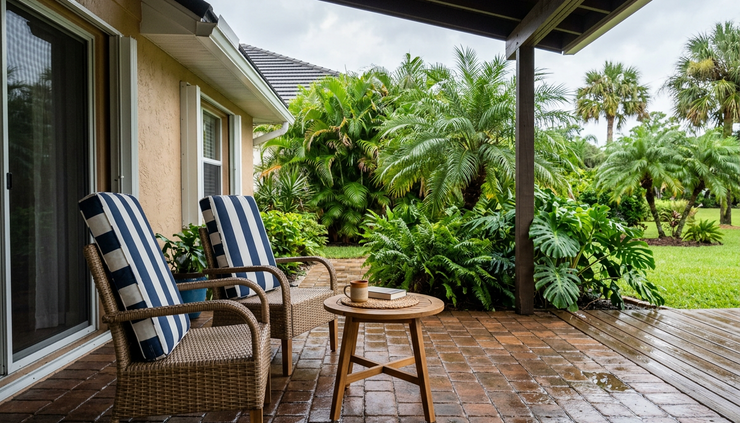 Eye-level view of a tidy covered patio after a Florida rainstorm.