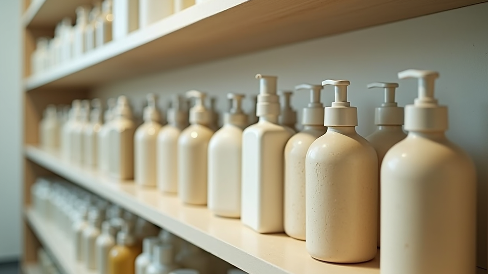 Eye-level view of eco-friendly cleaning bottles arranged on a shelf
