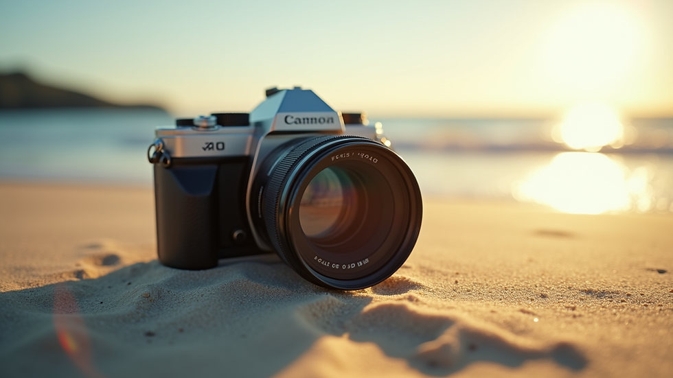 Close-up view of camera with polarizing filter attached on a sunny beach