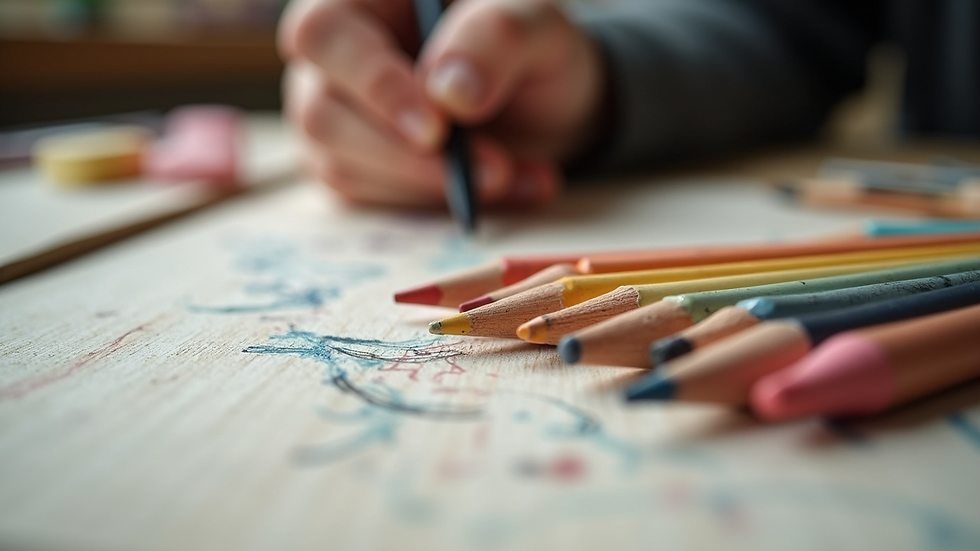 Eye-level view of pastel drawing tools including pencils, erasers, and blending stumps on a wooden table
