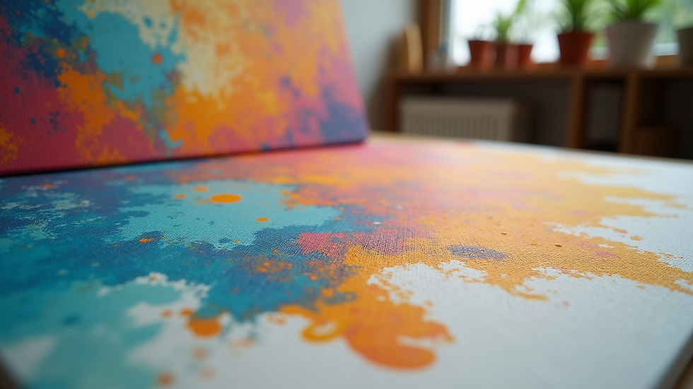 Eye-level view of a canvas showing layered abstract painting with vibrant colors