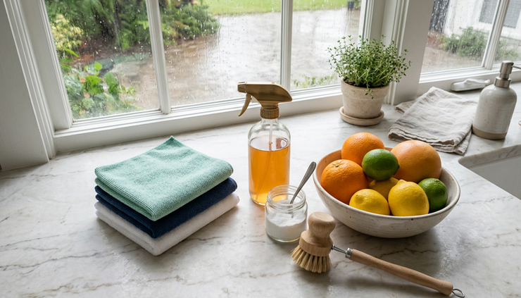 Overhead view of a tidy kitchen counter with microfiber cloths and a small tray of cleaning supplies.