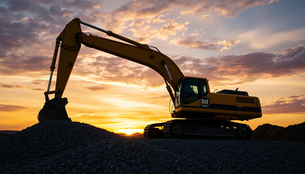 Two large yellow dump trucks drive on a gravel road in a mountainous quarry. Rocky slopes and a clear sky create a rugged atmosphere.