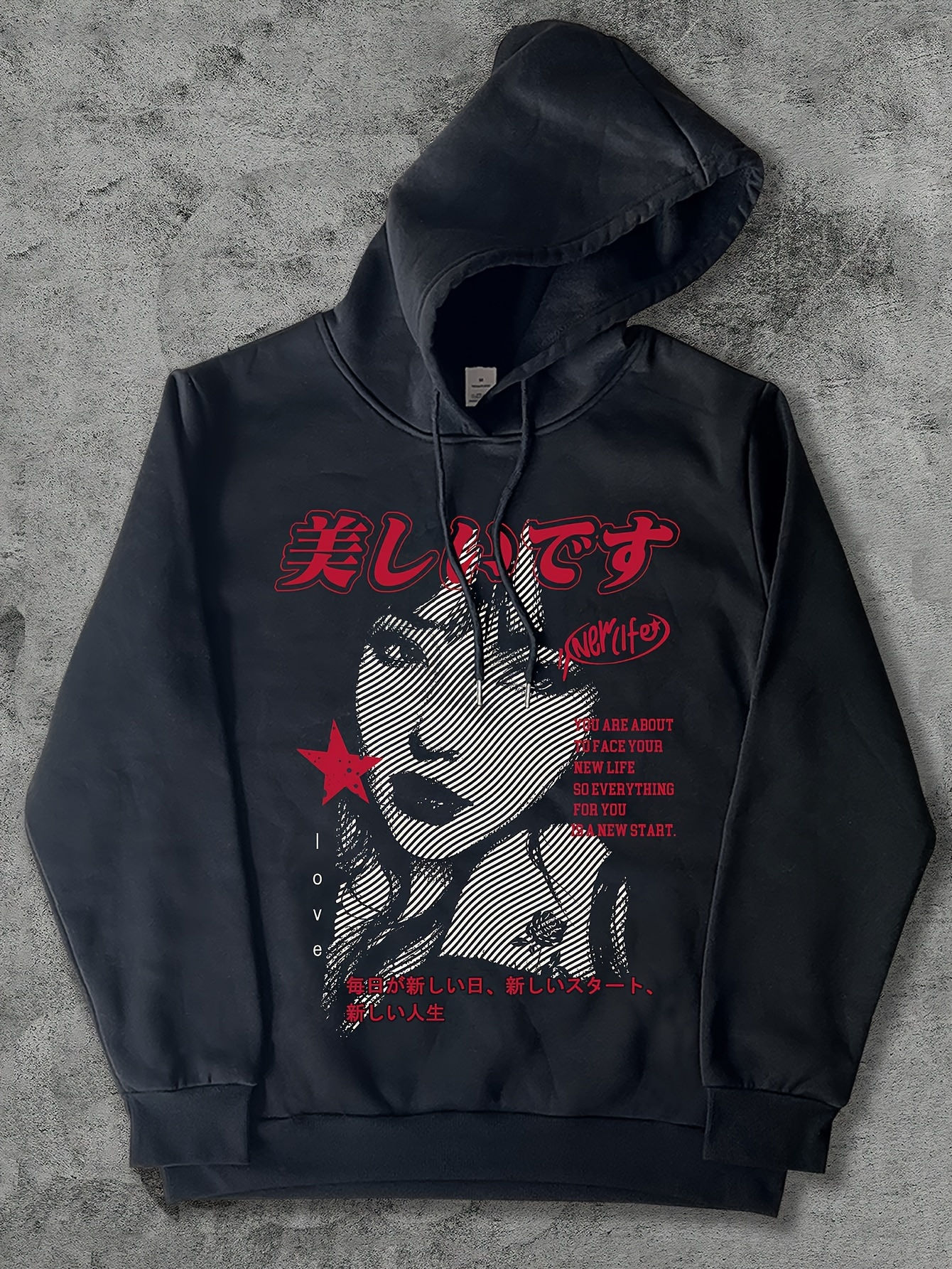 [Winter Casual Pullover Hooded Sweatshirt] Star-Studded, Japanese Letter Print H