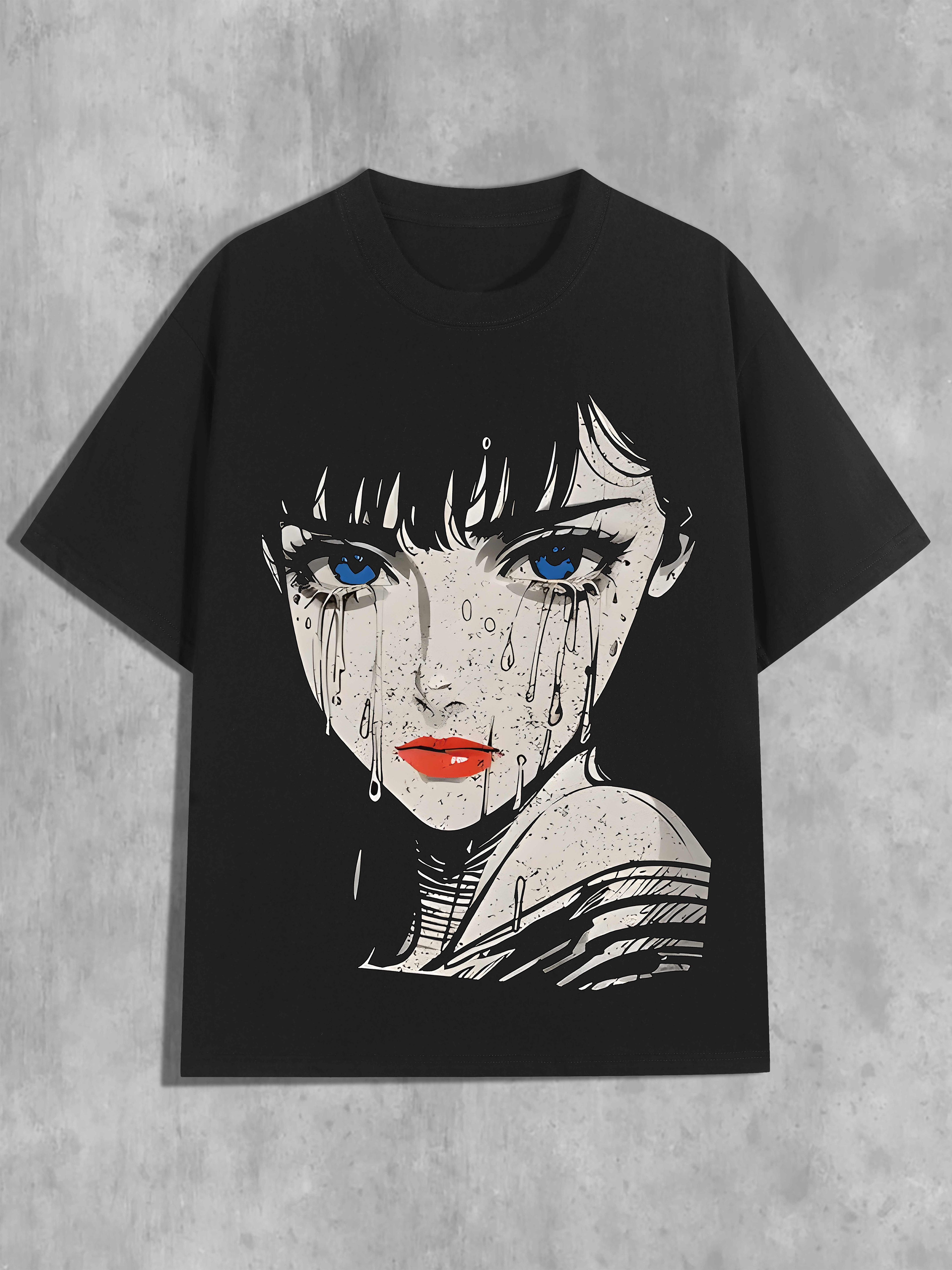 Y2K-Inspired Cool Tearful Red Lips Graphic Tee for Women - Comfy Cotton, Crew Ne