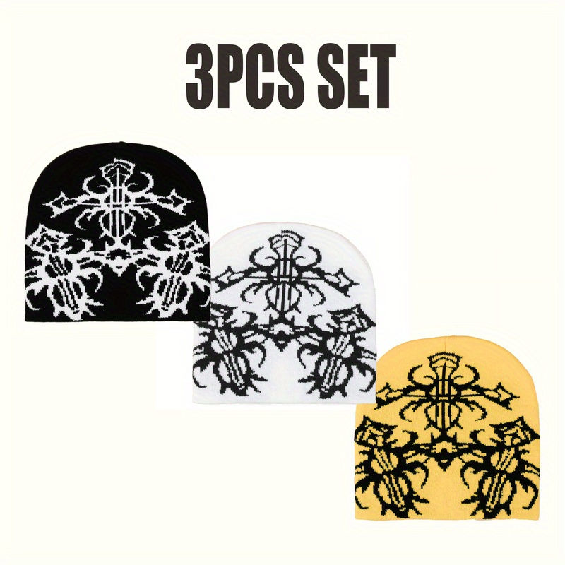 Thumbnail: 3-Piece Set Breathable Acrylic Unisex Y2k Cross Knit Beanie Cap - Thermal Stretc