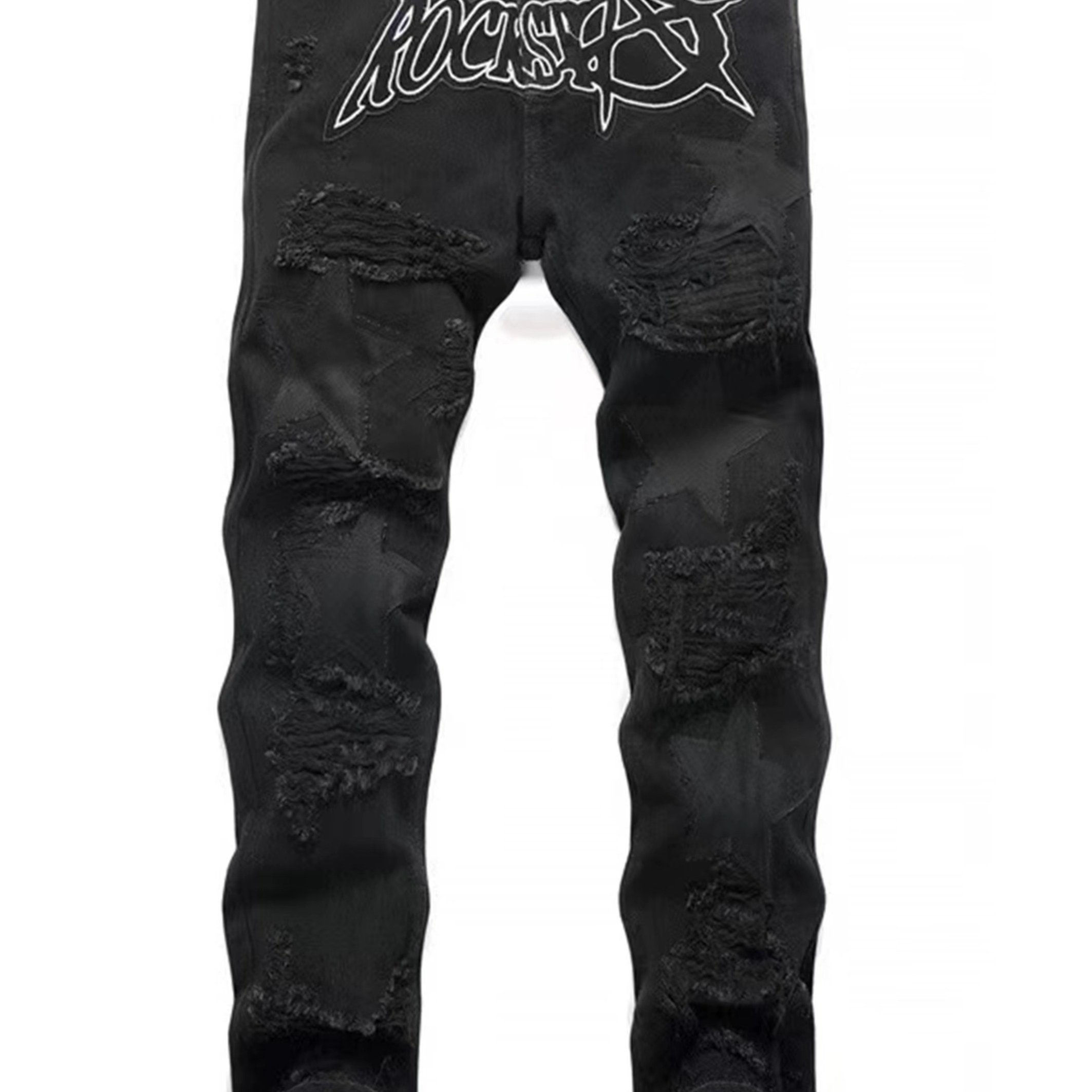 Men's Punk-Style Black Ripped Jeans with Embroidered Star Patch - Loose Fit, Str