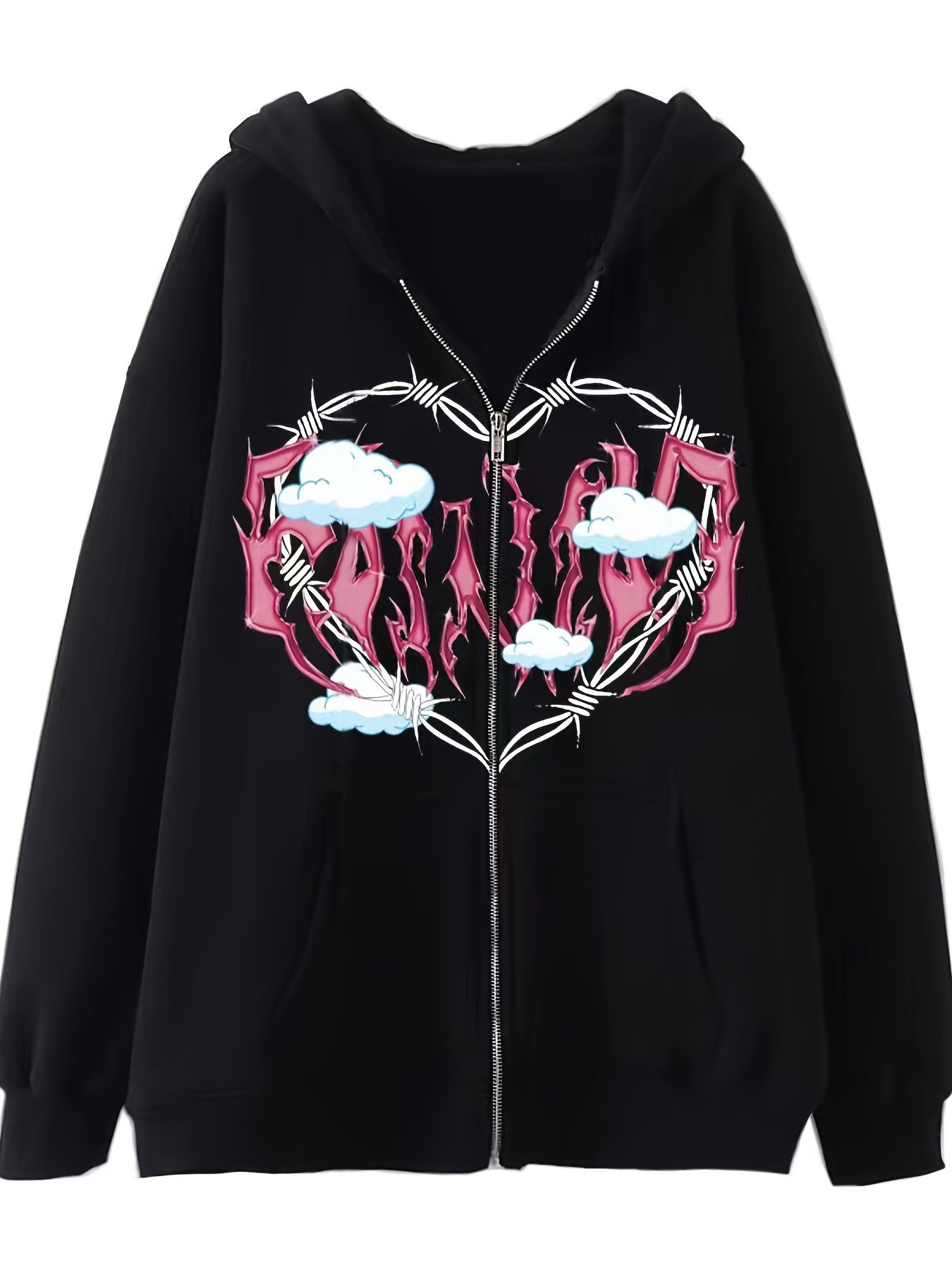 Heart Print Zip Up Hoodie, Casual Long Sleeve Loose Hoodie Sweatshirt, Women's C