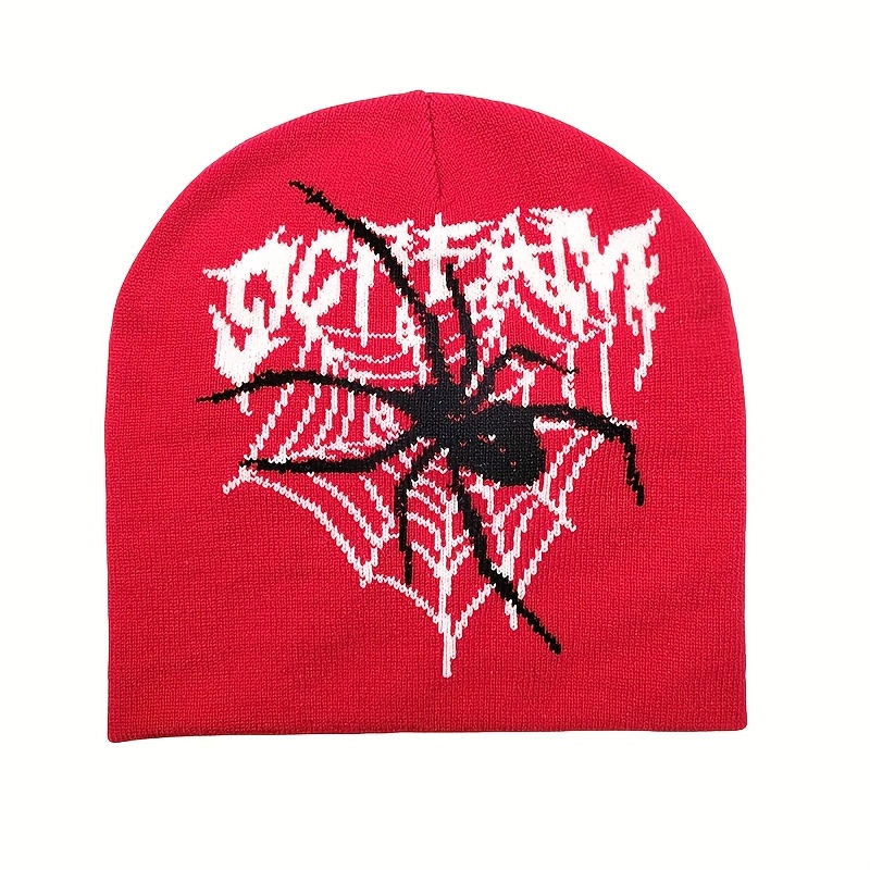 Thumbnail: Y2K Spider Web And Letter Jacquard Knit Hat - Warm Knitted Skull Cap for Men And