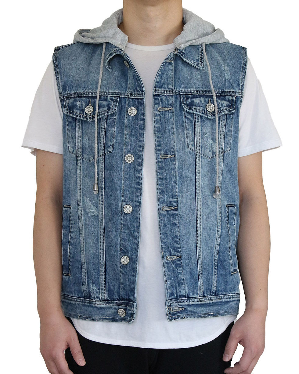Thumbnail: Men's Distressed Denim Hoodie Vest